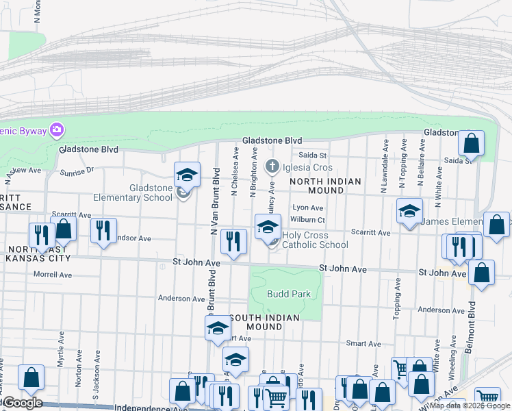 map of restaurants, bars, coffee shops, grocery stores, and more near 329 North Brighton Avenue in Kansas City