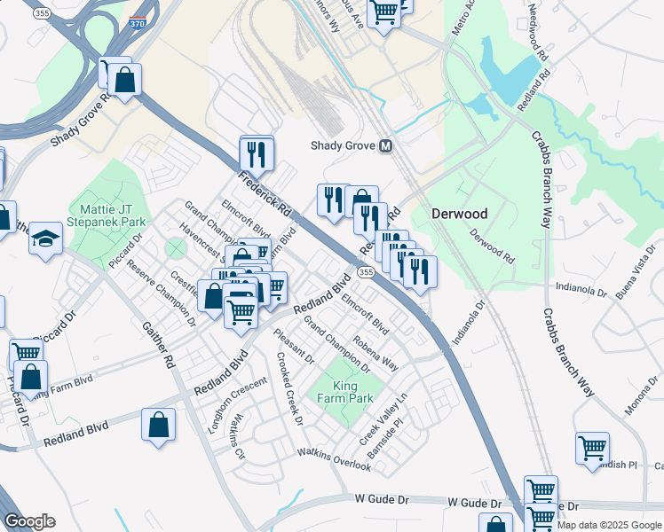 map of restaurants, bars, coffee shops, grocery stores, and more near 725 Elmcroft Boulevard in Rockville