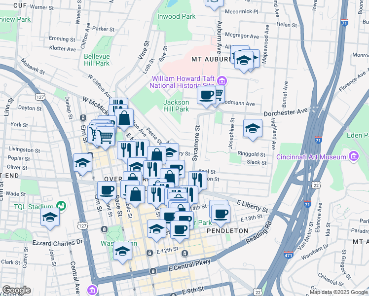 map of restaurants, bars, coffee shops, grocery stores, and more near 307 Seitz Street in Cincinnati