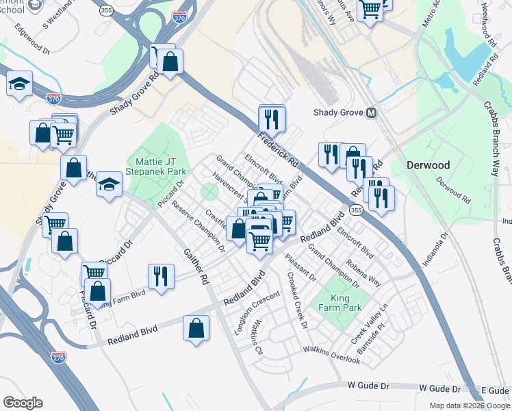 map of restaurants, bars, coffee shops, grocery stores, and more near 909 Havencrest Street in Rockville