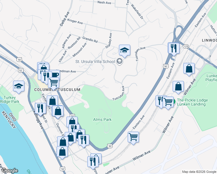 map of restaurants, bars, coffee shops, grocery stores, and more near 635 Tusculum Avenue in Cincinnati
