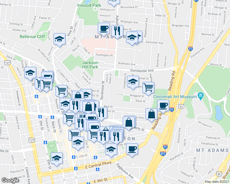 map of restaurants, bars, coffee shops, grocery stores, and more near 1905 Bigelow Street in Cincinnati