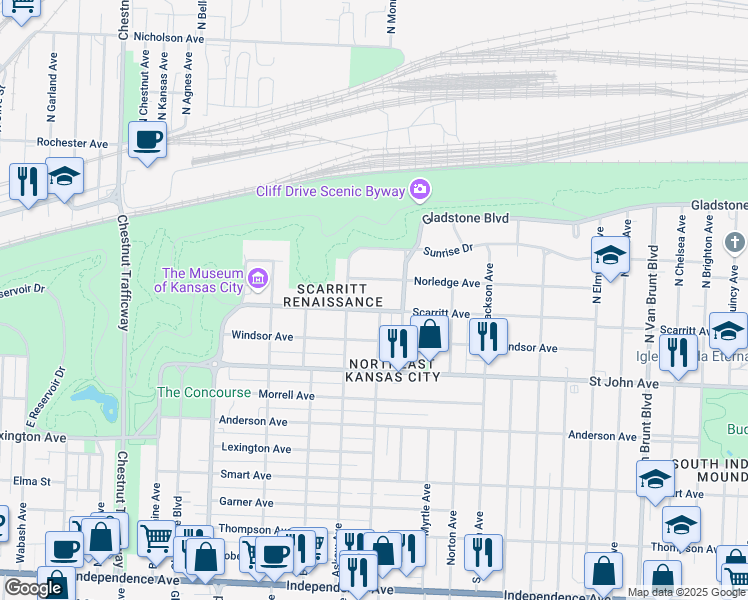 map of restaurants, bars, coffee shops, grocery stores, and more near 3620 Gladstone Boulevard in Kansas City