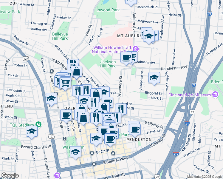 map of restaurants, bars, coffee shops, grocery stores, and more near 305 Seitz Street in Cincinnati