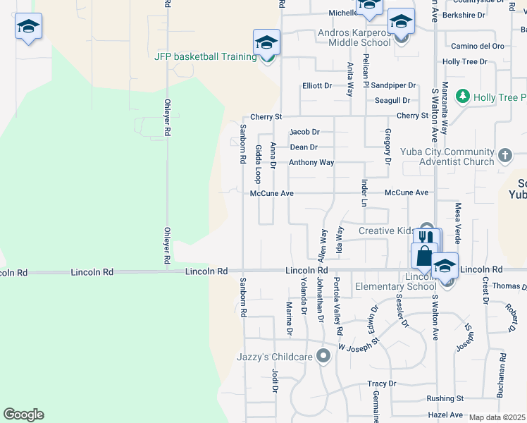 map of restaurants, bars, coffee shops, grocery stores, and more near 804 Gidda Loop in Yuba City