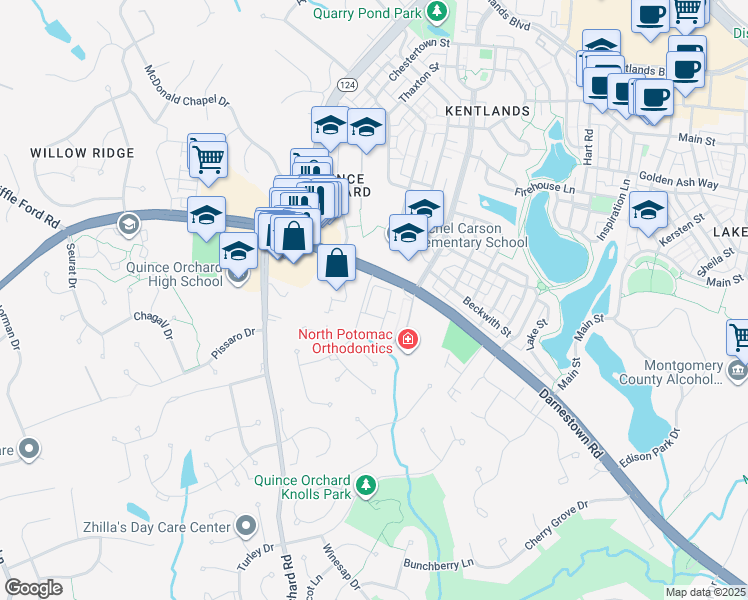 map of restaurants, bars, coffee shops, grocery stores, and more near 15754 Cherry Blossom Lane in North Potomac