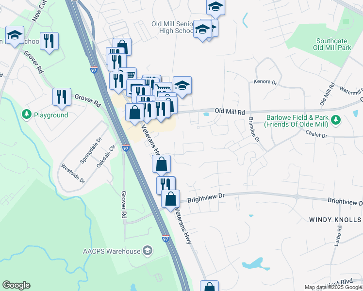 map of restaurants, bars, coffee shops, grocery stores, and more near 8312 Harps Court in Millersville