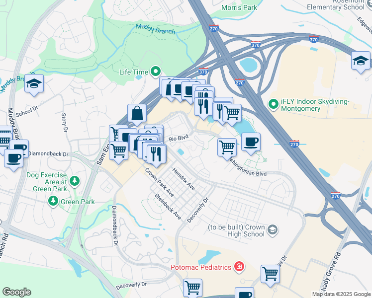 map of restaurants, bars, coffee shops, grocery stores, and more near 9830 Mahogany Drive in Gaithersburg