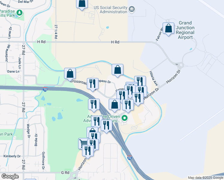 map of restaurants, bars, coffee shops, grocery stores, and more near 2770 Crossroads Boulevard in Grand Junction