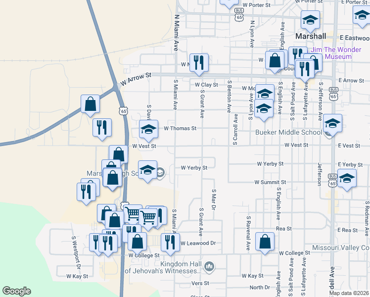 map of restaurants, bars, coffee shops, grocery stores, and more near 778 West Vest Street in Marshall