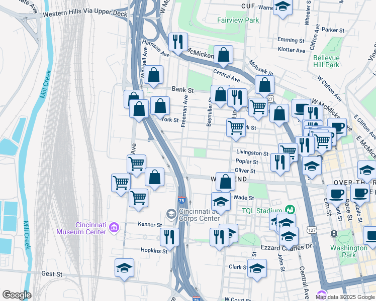 map of restaurants, bars, coffee shops, grocery stores, and more near 940 Poplar Street in Cincinnati