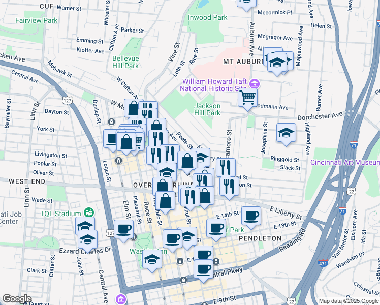 map of restaurants, bars, coffee shops, grocery stores, and more near 206 Peete Street in Cincinnati