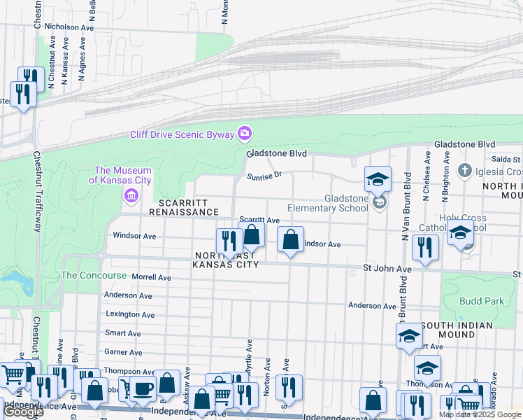 map of restaurants, bars, coffee shops, grocery stores, and more near 310 Clinton Place in Kansas City