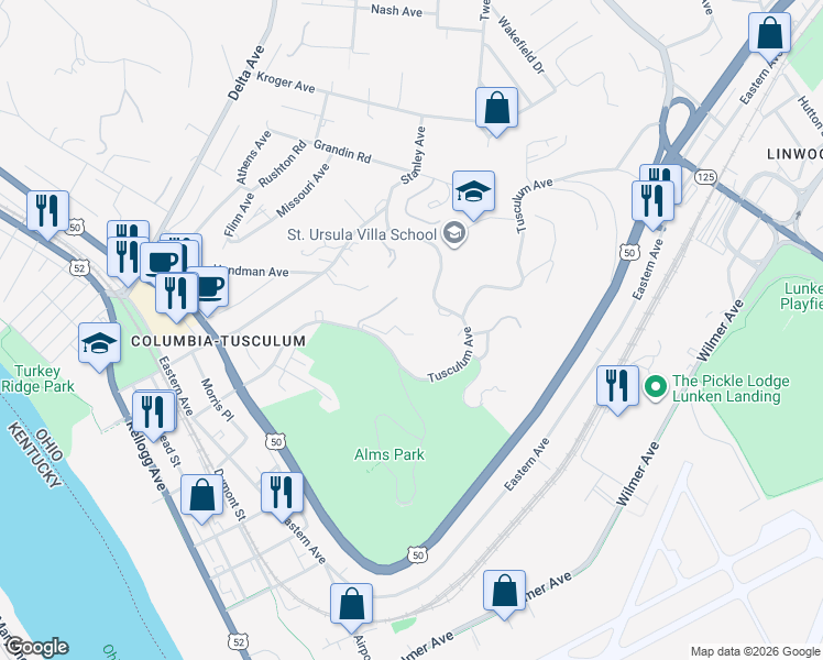 map of restaurants, bars, coffee shops, grocery stores, and more near 635 Tusculum Avenue in Cincinnati