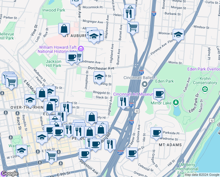 map of restaurants, bars, coffee shops, grocery stores, and more near 1815 Highland Avenue in Cincinnati