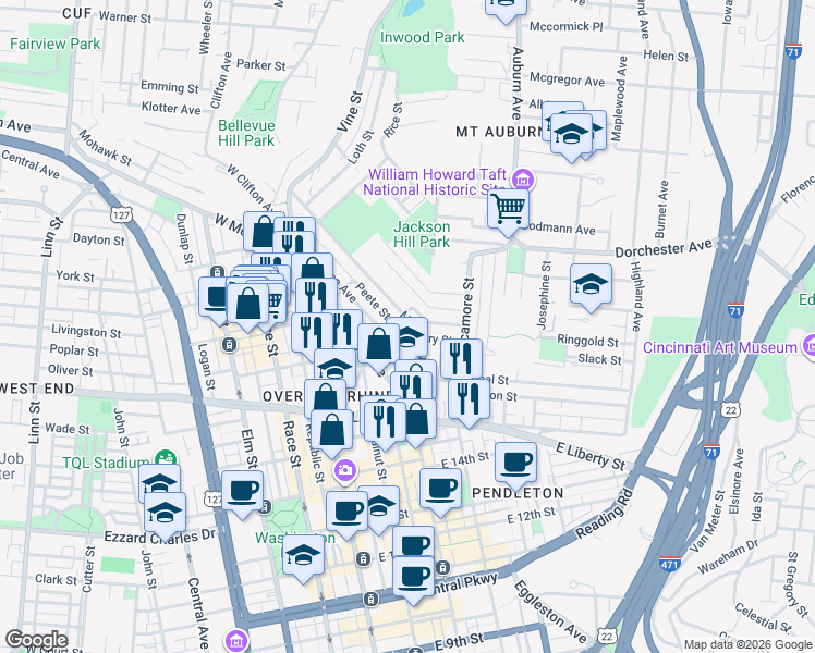 map of restaurants, bars, coffee shops, grocery stores, and more near 206 Peete Street in Cincinnati