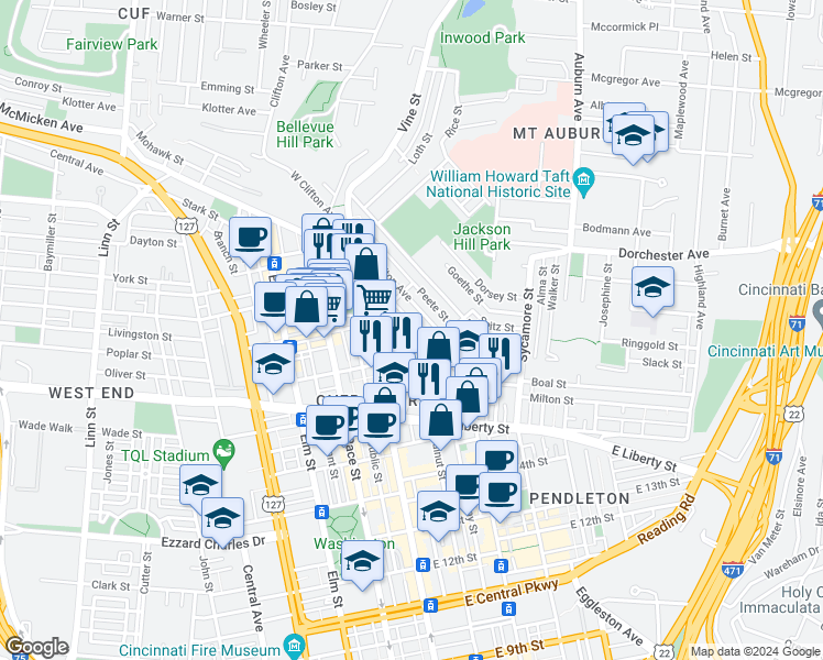 map of restaurants, bars, coffee shops, grocery stores, and more near 139 East Clifton Avenue in Cincinnati
