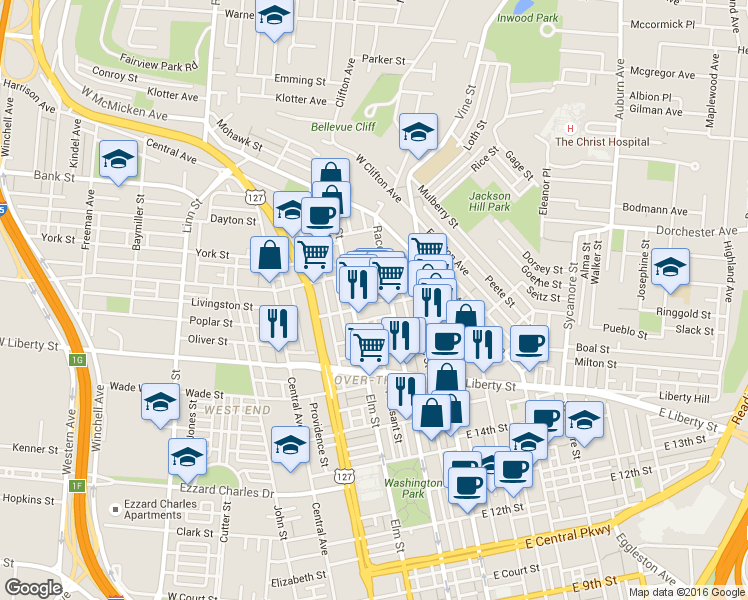 map of restaurants, bars, coffee shops, grocery stores, and more near 116 West Elder Street in Cincinnati
