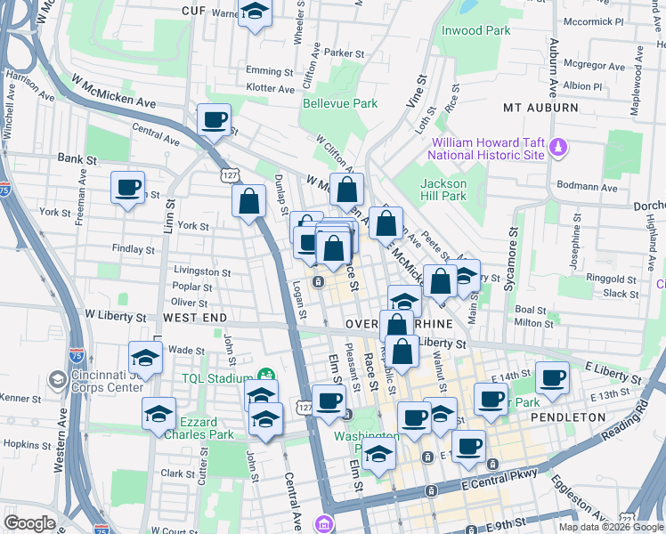 map of restaurants, bars, coffee shops, grocery stores, and more near 116 West Elder Street in Cincinnati