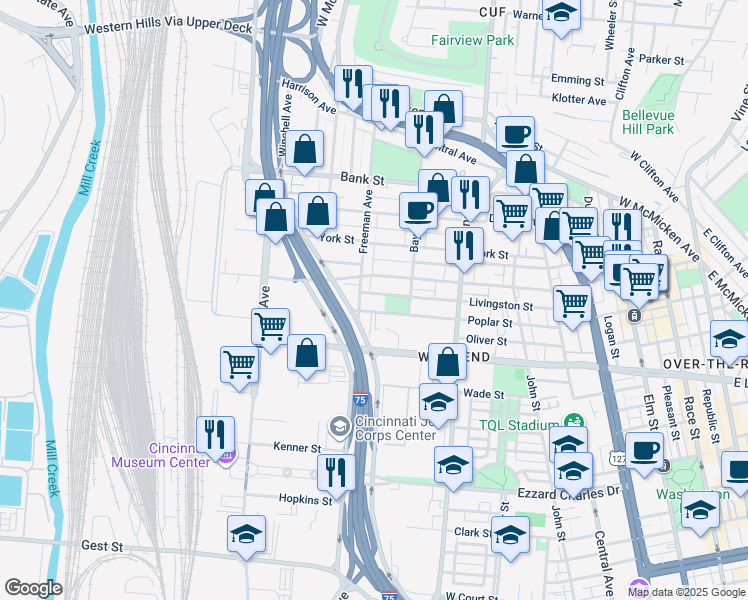 map of restaurants, bars, coffee shops, grocery stores, and more near 940 Poplar Street in Cincinnati