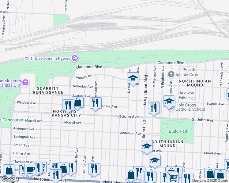 map of restaurants, bars, coffee shops, grocery stores, and more near 315 North Kensington Avenue in Kansas City