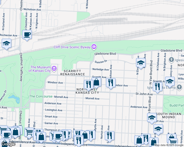 map of restaurants, bars, coffee shops, grocery stores, and more near 307 North Gladstone Boulevard in Kansas City