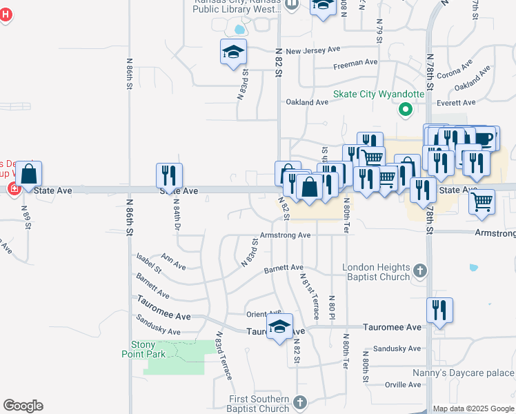 map of restaurants, bars, coffee shops, grocery stores, and more near 935 North 82nd Terrace in Kansas City