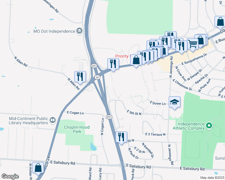 map of restaurants, bars, coffee shops, grocery stores, and more near 658 North Spring Lake Drive in Independence