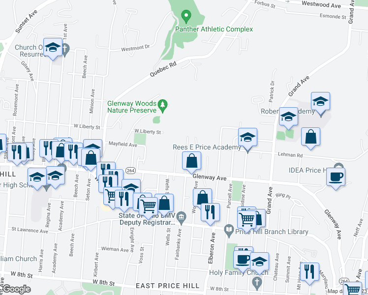 map of restaurants, bars, coffee shops, grocery stores, and more near 1261 Fairbanks Avenue in Cincinnati