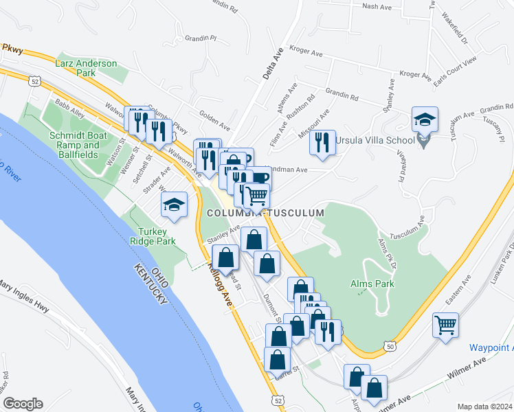 map of restaurants, bars, coffee shops, grocery stores, and more near 3573 U.S. 50 in Cincinnati