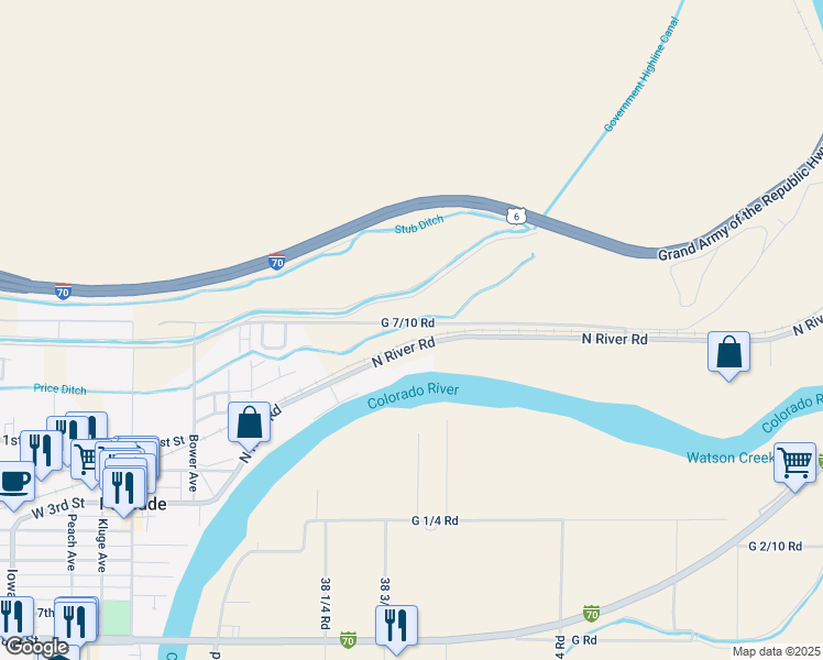 map of restaurants, bars, coffee shops, grocery stores, and more near 3847 G 7/10 Road in Palisade