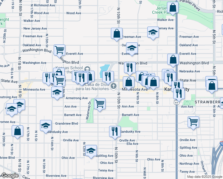 map of restaurants, bars, coffee shops, grocery stores, and more near 1013 Minnesota Avenue in Kansas City