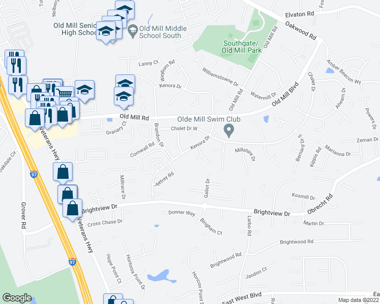 map of restaurants, bars, coffee shops, grocery stores, and more near 474 Kenora Drive in Millersville