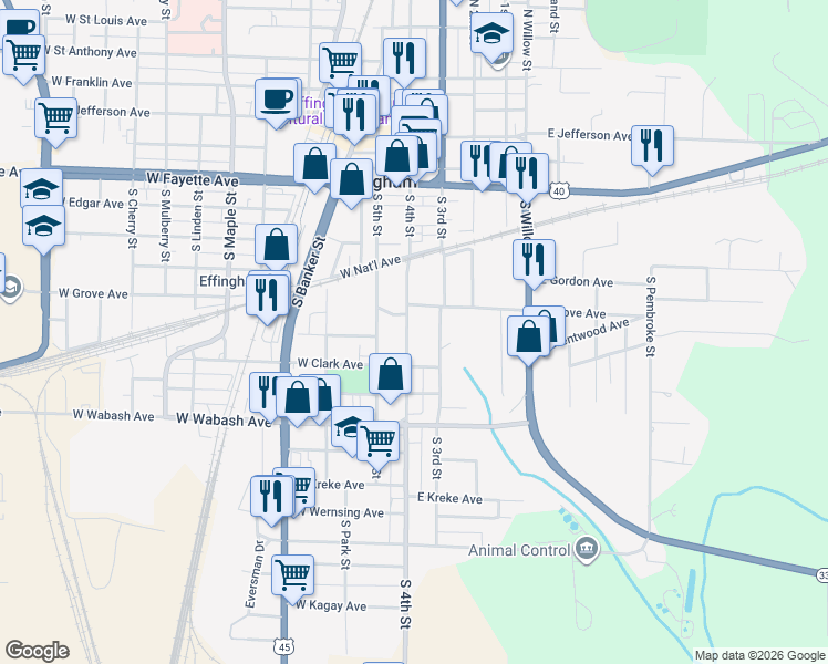 map of restaurants, bars, coffee shops, grocery stores, and more near 706 South 4th Street in Effingham
