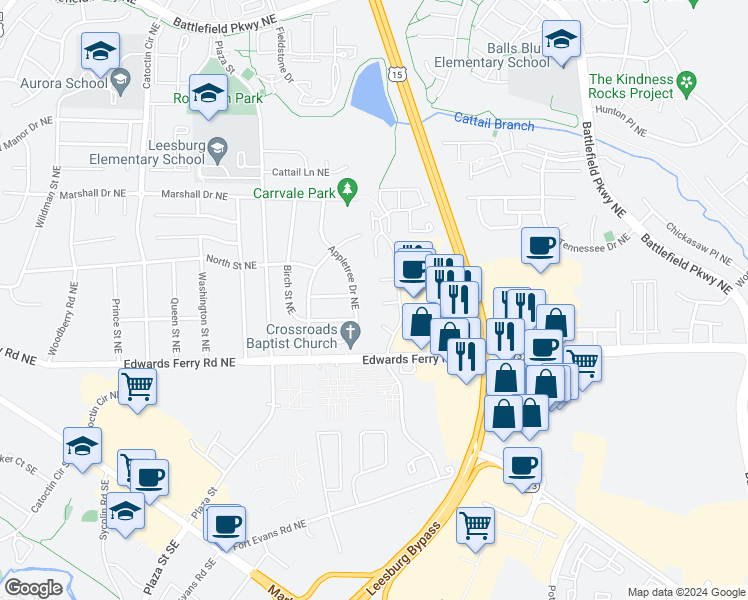 map of restaurants, bars, coffee shops, grocery stores, and more near 1014 Nelson Court Northeast in Leesburg