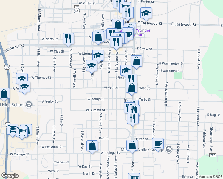 map of restaurants, bars, coffee shops, grocery stores, and more near 150-166 West Vest Street in Marshall
