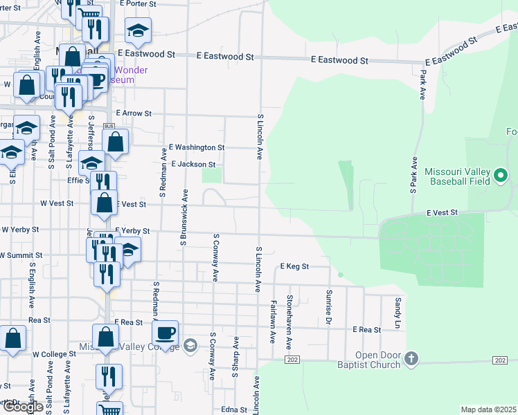 map of restaurants, bars, coffee shops, grocery stores, and more near 601 South Lincoln Avenue in Marshall
