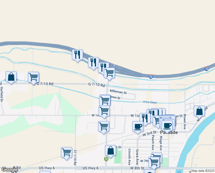 map of restaurants, bars, coffee shops, grocery stores, and more near 778 Elberta Avenue in Palisade
