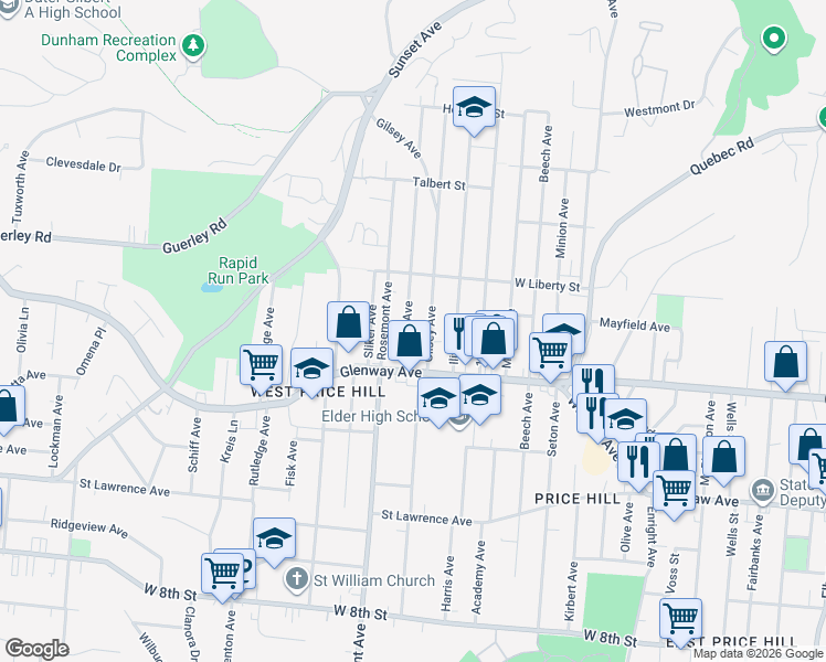 map of restaurants, bars, coffee shops, grocery stores, and more near 1230 Dewey Avenue in Cincinnati