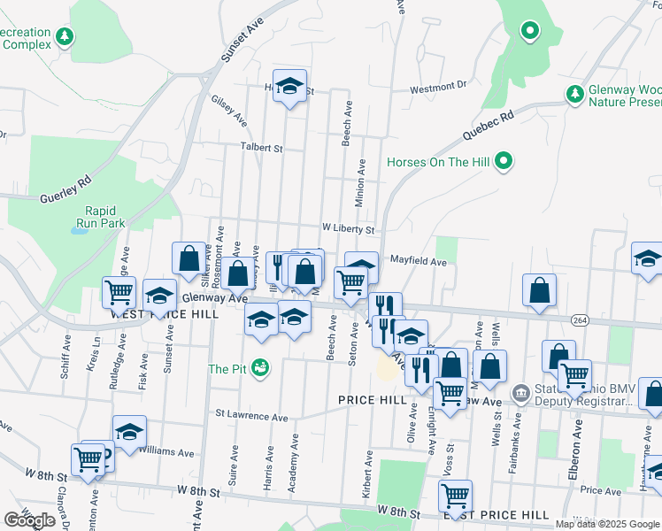 map of restaurants, bars, coffee shops, grocery stores, and more near 1241 Beech Avenue in Cincinnati