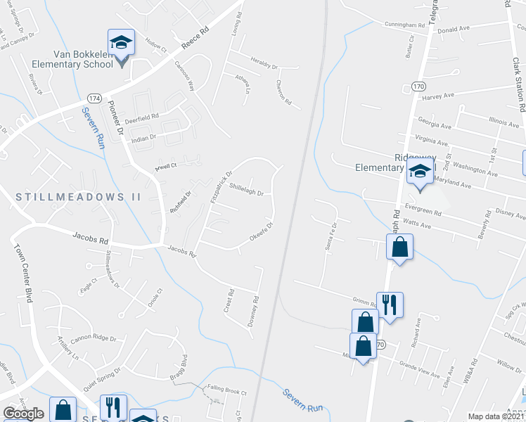 map of restaurants, bars, coffee shops, grocery stores, and more near 1602 Celtic Court in Severn