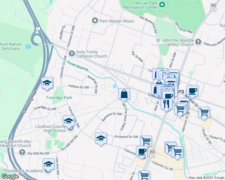 map of restaurants, bars, coffee shops, grocery stores, and more near 332 Rock Spring Drive Southwest in Leesburg