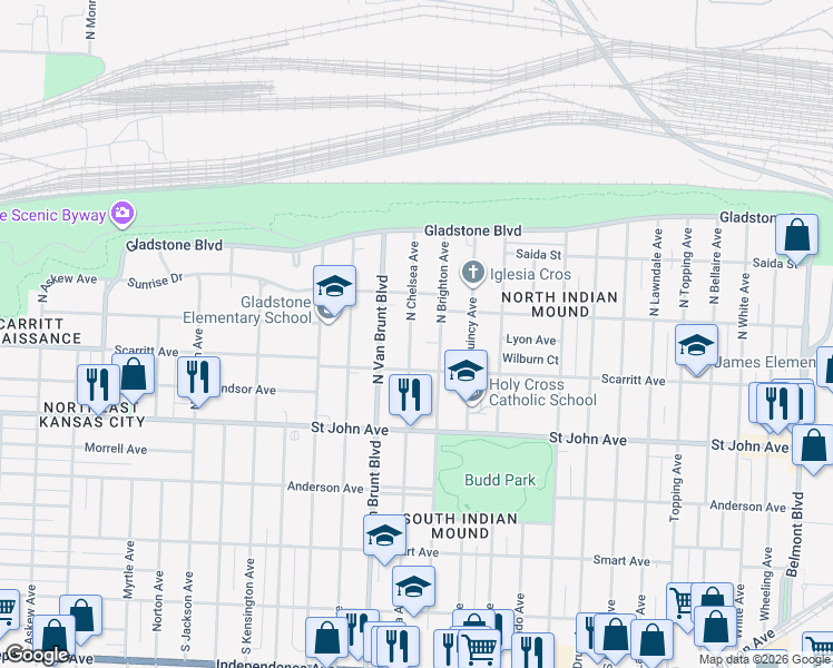 map of restaurants, bars, coffee shops, grocery stores, and more near 327 North Chelsea Avenue in Kansas City