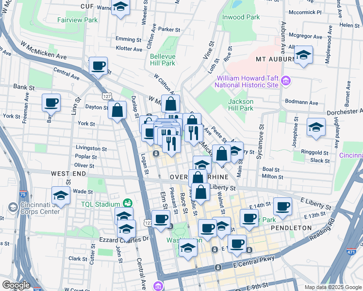 map of restaurants, bars, coffee shops, grocery stores, and more near 19 West Elder Street in Cincinnati