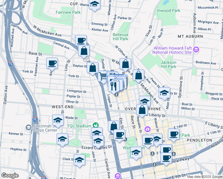 map of restaurants, bars, coffee shops, grocery stores, and more near 1810 Campbell St in Cincinnati