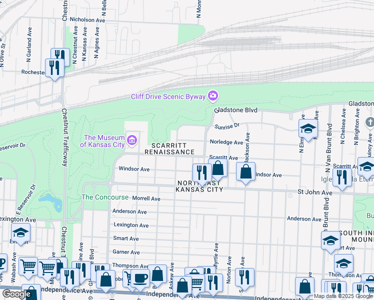 map of restaurants, bars, coffee shops, grocery stores, and more near 3620 Gladstone Boulevard in Kansas City