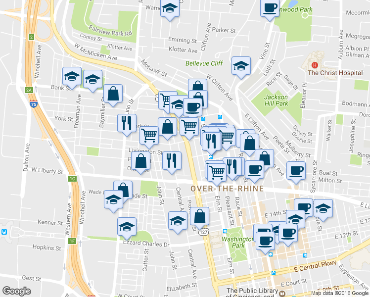 map of restaurants, bars, coffee shops, grocery stores, and more near 1667 Central Parkway in Cincinnati