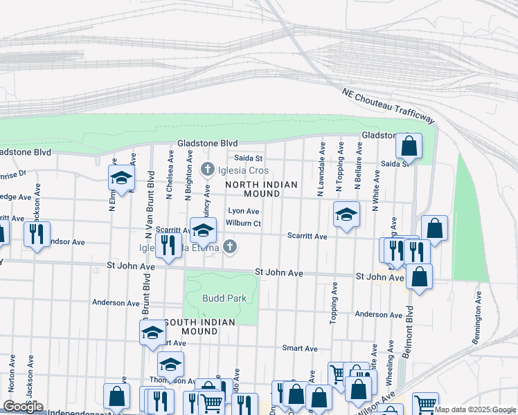 map of restaurants, bars, coffee shops, grocery stores, and more near 336 North Hardesty Avenue in Kansas City