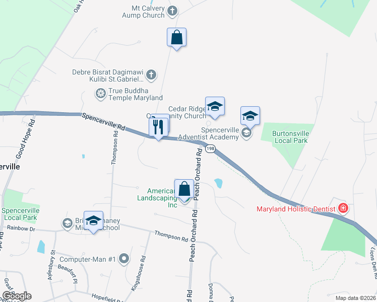 map of restaurants, bars, coffee shops, grocery stores, and more near 2323 Spencerville Road in Spencerville