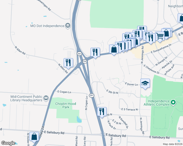 map of restaurants, bars, coffee shops, grocery stores, and more near 658 North Spring Lake Drive in Independence